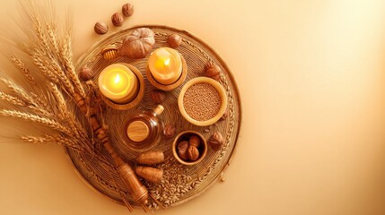 Golden Harvest Still Life With Wheat, Candles and Natural Grains