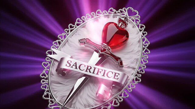 Sacrifice Dagger and Heart Emblem with Radiant Purple Light.
