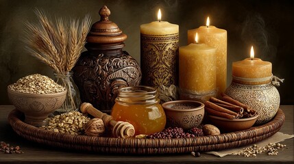 Rustic Harvest Still Life With Honey, Wheat and Candles