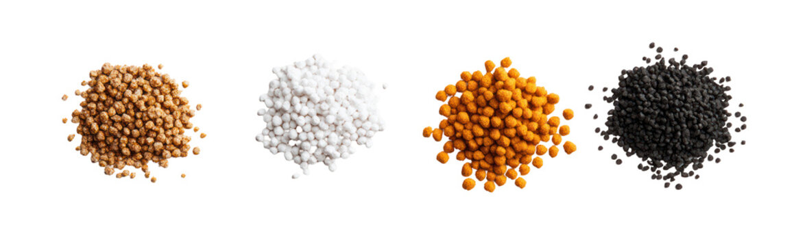 DAP fertilizer pellets, ammonium nitrate granules, and potash fertilizer on transparent background