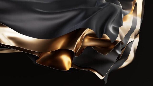 Luxury black and gold fabric flowing dynamically in graceful movement, elegant textile motion background