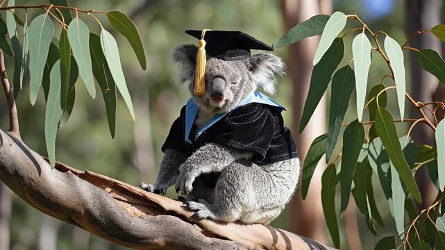A cute koala wearing a graduation cap and gown sits on a tree branch among eucalyptus leaves.