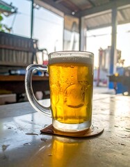 Foamy, golden beer mug sits on a coaster with blurred background, capturing light and refreshment