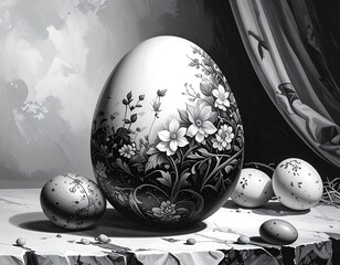 Decorative monochrome still life showing eggs adorned with floral patterns on a marbled surface, against a draped backdrop