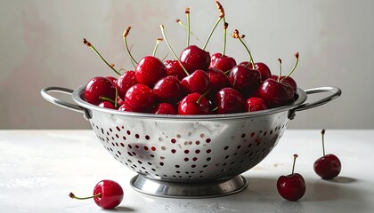 Fresh red cherries piled high in a metal colander on a white surface, with a bright, soft background