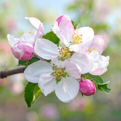 Delicate pink & white blossoms clustered on a branch, lit by soft, natural light against a blurred bokeh background