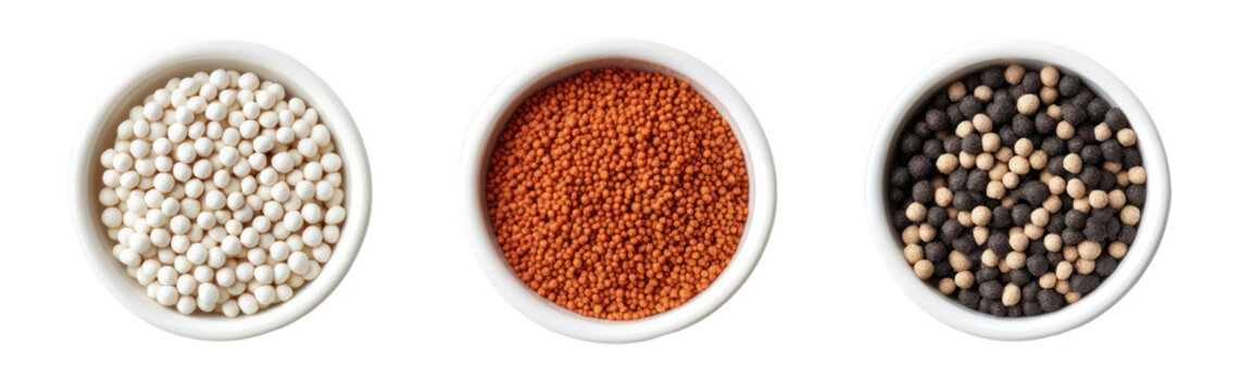 DAP fertilizer pellets, ammonium nitrate granules, and potash fertilizer on transparent background
