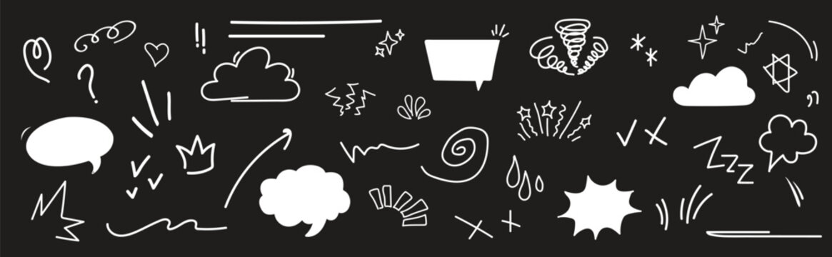 Hand drawn comic doodle effects set with speech bubbles, explosive bursts, speed lines, sparkles, smoke clouds, swirls and abstract pop art elements for creative design and visual effects stock illust