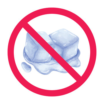 No ice sign, ice prohibited symbol, do not use ice sign, forbidden sign with ice cubes icon, vector illustration