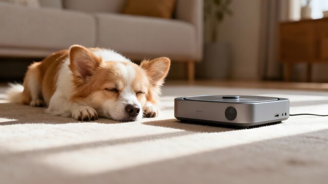 Adorable Puppy Napping Indoors Near a Mini Projector with Warm Natural Sunlight