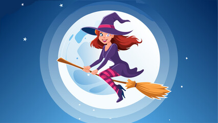 Smiling cartoon witch flying on broomstick against full moon