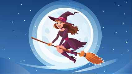 Smiling witch flying on broomstick under full moon at night © Muhammad