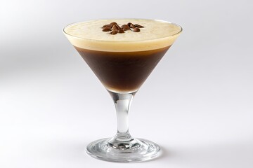 A sophisticated espresso martini cocktail with creamy froth and coffee bean garnish in a martini glass