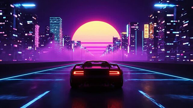 Futuristic 80s synthwave sports car driving on neon grid road towards sunset city skyline
