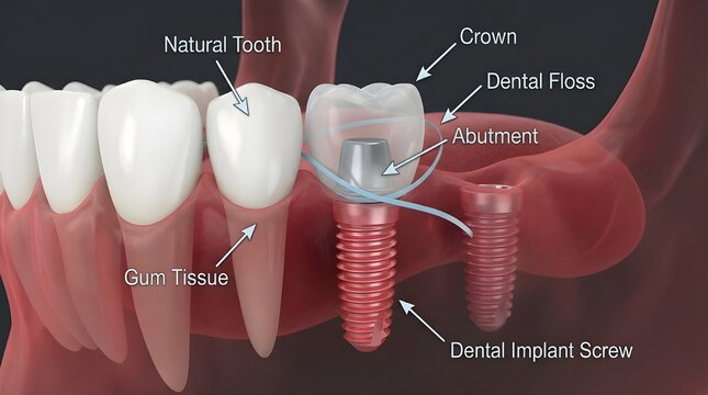 Dental Implant Structure Diagram with Natural Tooth Comparison