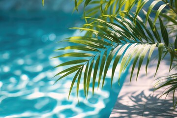 Close-up of green palm frond with sunlight filtering over clear blue water of a pool