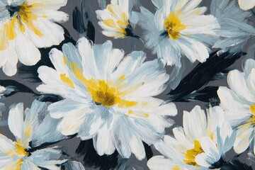 Close-up of painted daisies, white petals, yellow centers, and gray background