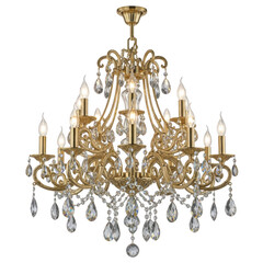Elegant gold chandelier with crystal droplets isolated on transparent background