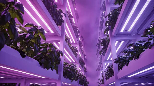 Modern vertical farming racks with green plants growing under purple led lights and mist system