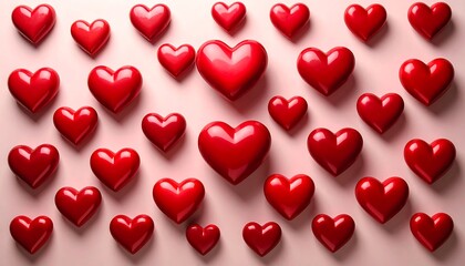 Glossy red hearts are scattered on a light pink surface, creating a Valentine's Day themed background