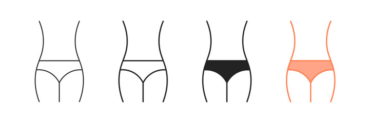 Set of minimalist female body icons with transparent background, depicting waistlines and underwear styles, ideal for fashion, health, and women's product designs, vector illustration