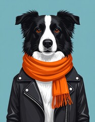 Dog in leather jacket & orange scarf. Vector style, blue background