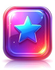 Glossy, transparent square icon with a bright blue star against a colorful cosmic background