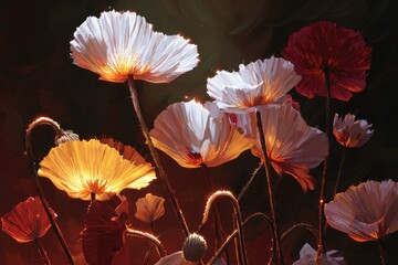 Close-up of poppies with glowing petals and stems, against a dark, blurred background