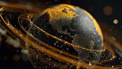 Digital Earth globe, encircled by golden rings and particles, on a black background