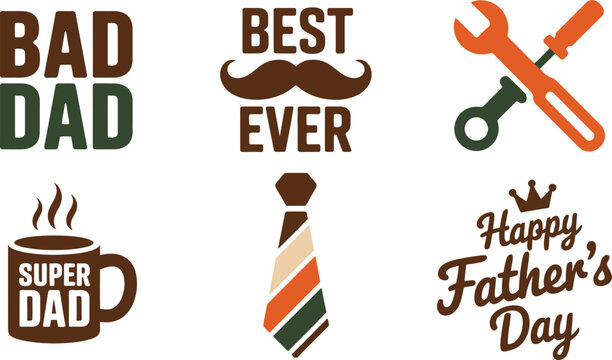 Fathers Day vector icons, dad celebration graphics, best dad ever, super dad mug, mustache tie illustration, bad dad typography, holiday design