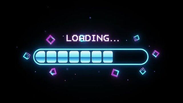 Digital progress bar loading animation with neon glow and geometric shapes, representing data transfer or system update