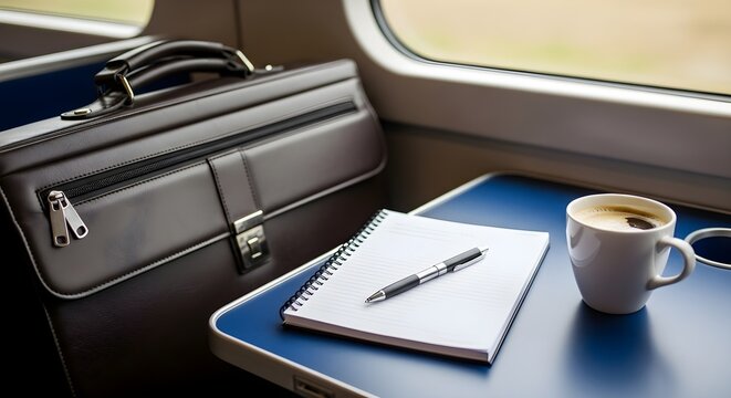 Close-up of a briefcase with notebook, pen and cup of coffee on the train table