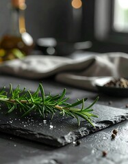 Fresh rosemary sprig rests on a dark stone board, with olive oil and spices blurred in the background