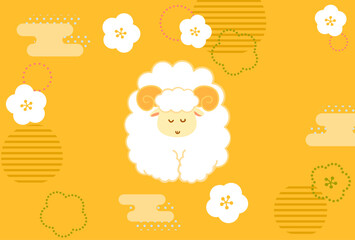 ひつじ年年賀状用のお辞儀をする羊のかわいいキャラクターイラストと和柄の横型金背景文字なし素材