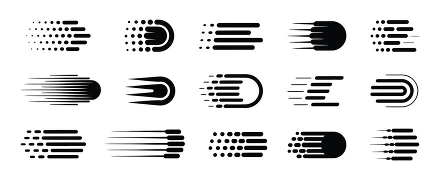 Speed lines vector icons, fast motion effect, black horizontal action streaks, comic style element.