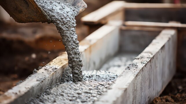 Concrete Pouring from Excavator into Wooden Formwork on Construction Site Filling Gray Cement Background during Bright Sunny Day Creating Cement Foundation