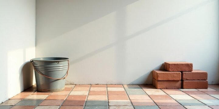A sunlit room features a metal pail and a stack of bricks on a tiled floor against a white wall