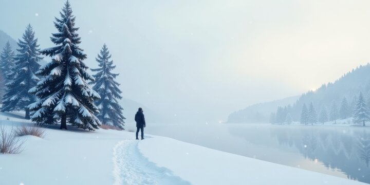 Serene Winter Landscape A lone figure contemplates a tranquil snowy lake, surrounded by snow-laden evergreens, under a soft, ethereal light.