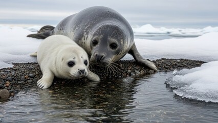 A mother seal and her white baby seal pup interact on a rocky shoreline with melting snow and ice