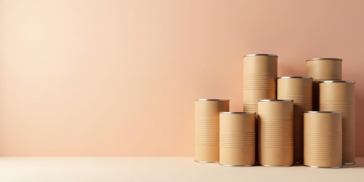 A collection of cylindrical containers arranged in a visually appealing and balanced composition against a muted backdrop