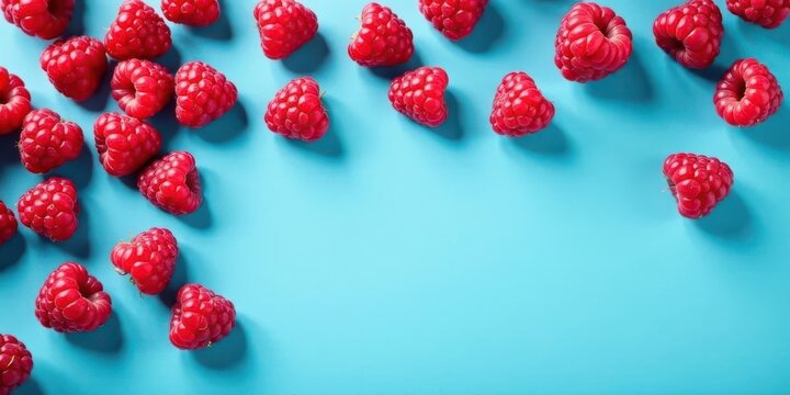 A vibrant arrangement of fresh raspberries scattered artfully across a smooth, bright blue surface, creating a cheerful and appetizing visual