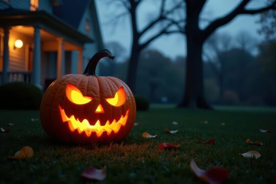 Illuminated Jack-o'-lantern rests on autumnal lawn before a dimly lit residence at dusk