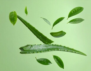 Green aloe vera and leaves are scattered gracefully against a pale green backdrop in a floating composition