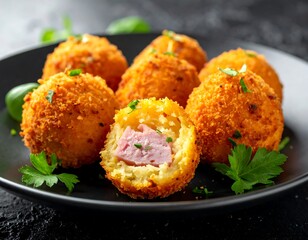 Fried croquettes sit on a black plate, garnished with basil and parsley against a dark textured background