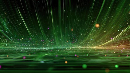 A vibrant digital illustration with flowing lines, dots, and a gradient of green and yellow