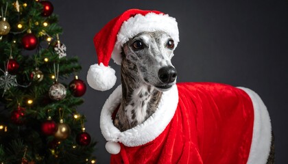 Greyhound, adorned in Santa garb, stands proudly beside a decorated Christmas tree against a neutral backdrop