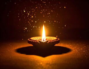 Earthen diya lamp glows brightly, casting warm light against a dark backdrop sprinkled with golden specks