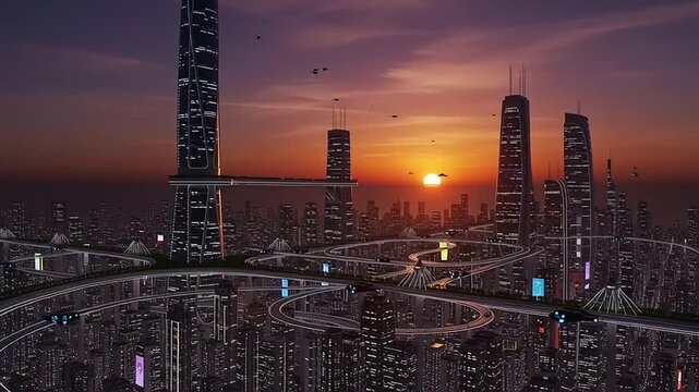 Breathtaking panoramic view of a futuristic mega-city at sunset, showcasing advanced architectural marvels and intricate elevated transportation networks that connect the vibrant urban landscape