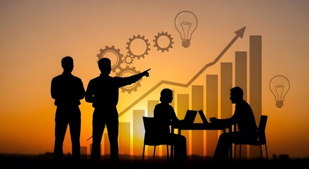 Fototapeta premium Business success concept with silhouettes of people pointing at a rising bar graph and lightbulbs, set against a warm sunset gradient.