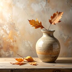 Earth-toned vase holds autumn leaves, with a textured background on a rustic wooden surface